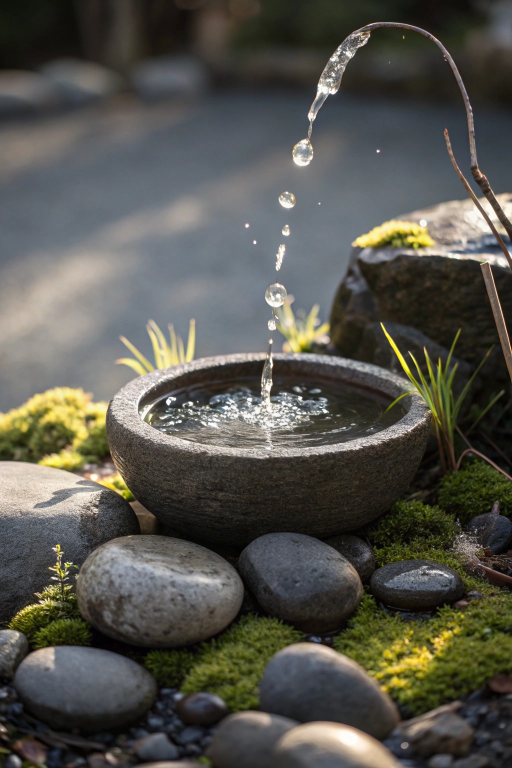 A serene mini rock fountain for effortless garden charm.