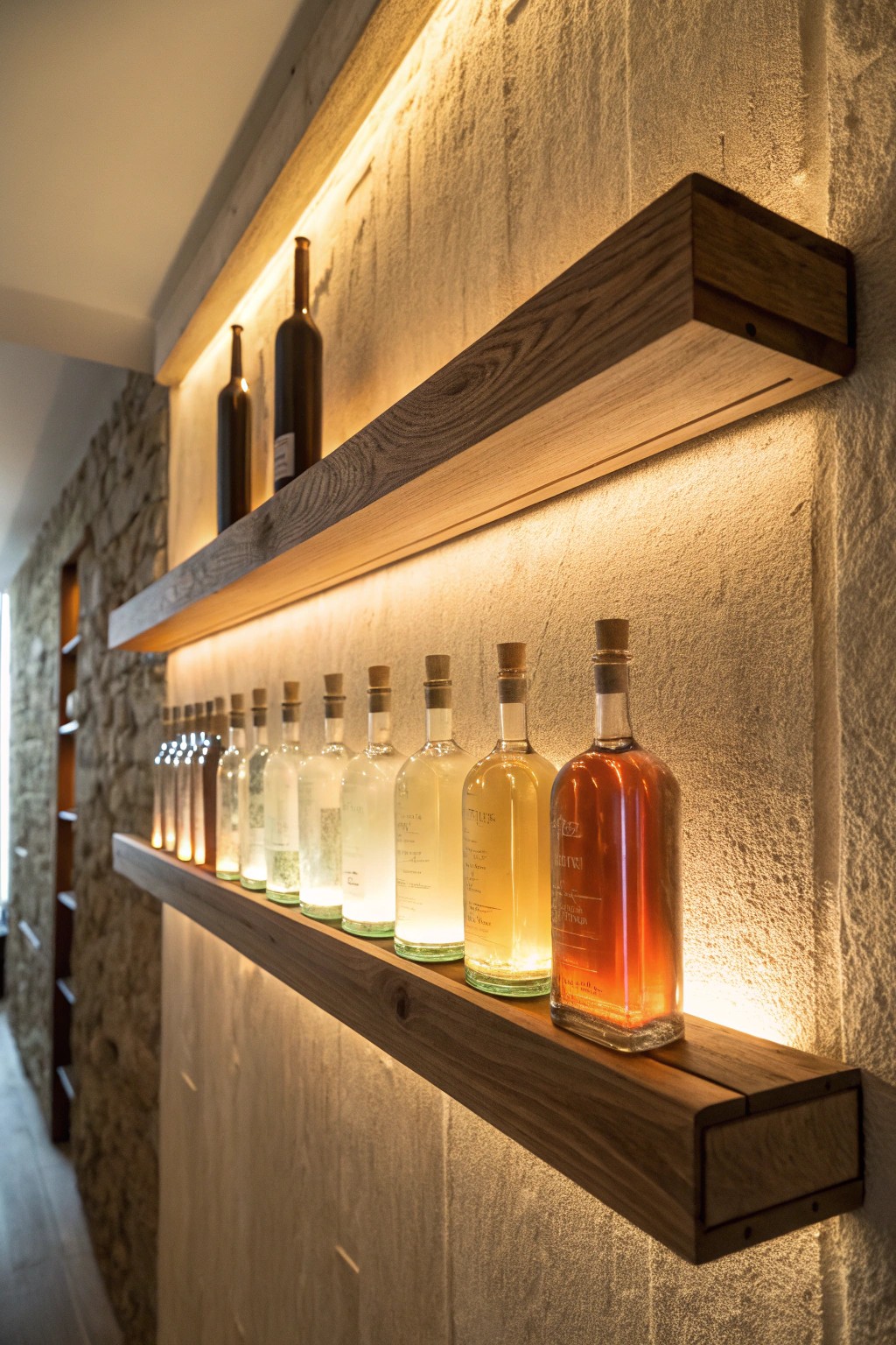 Effortless style: a backlit bottle display that elevates your man cave bar.