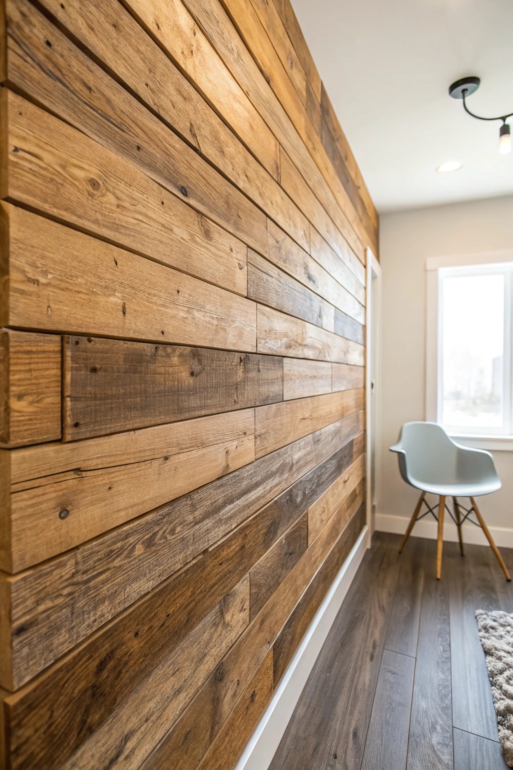 Elevate your man cave with a stunning reclaimed wood accent wall.