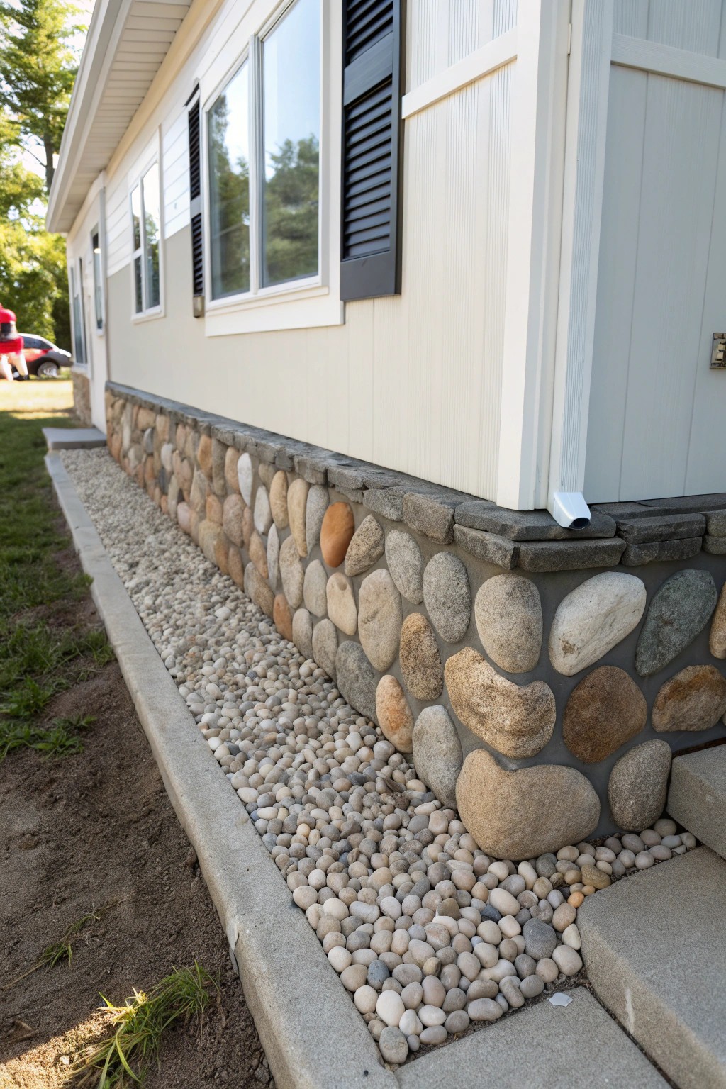 Elevate your mobile home with artisan stone mosaic skirting—where natural beauty meets craftsmanship.