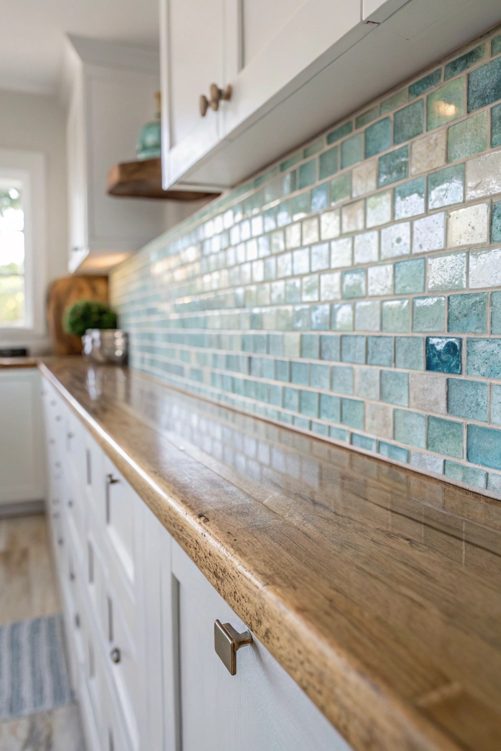 Bring the serene shimmer of the coast into your kitchen with a unique mosaic tile backsplash.