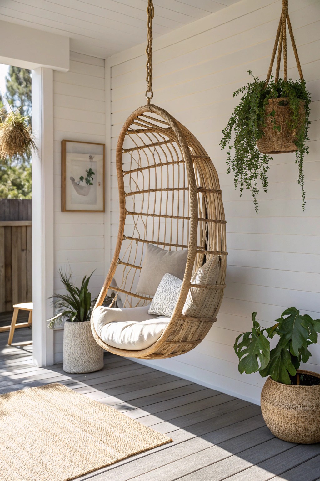 Elevate your porch with a chic hanging chair—where modern style meets handcrafted charm.