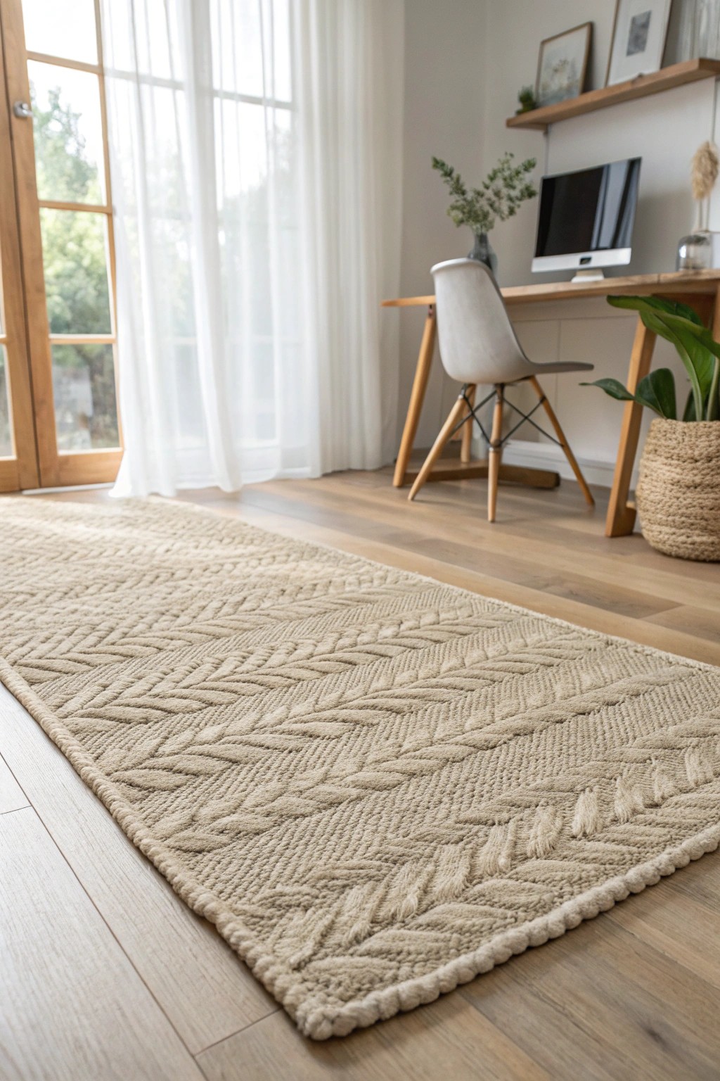 Elevate your workspace with the simple luxury of a handwoven rug—where texture meets tranquility.