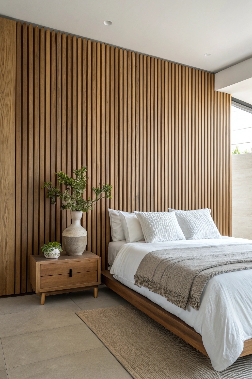 Elevate your bedroom with a statement wood slat accent wall—where natural beauty meets modern simplicity.