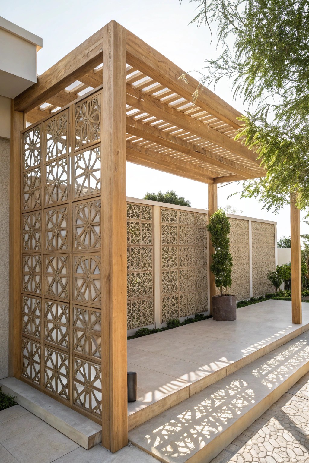 Elevate your outdoor space with a modern pergola and artistic privacy screen—where craftsmanship meets contemporary style.