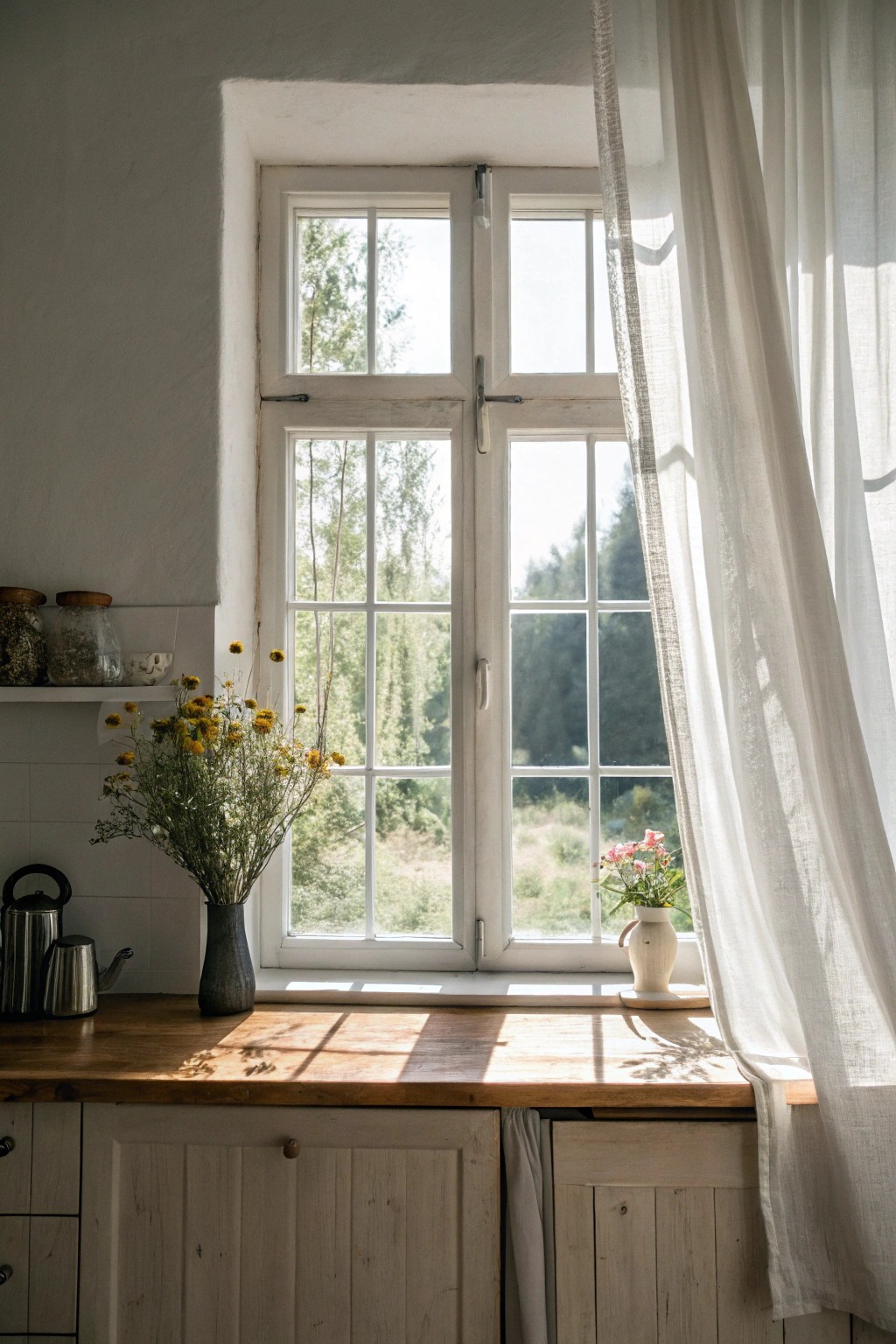 Let the sunshine in—embrace sheer linen and natural light for a beautifully open small kitchen.