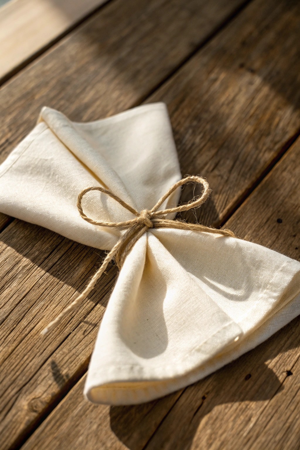 Simple rustic bow napkin fold—cozy charm for your table.