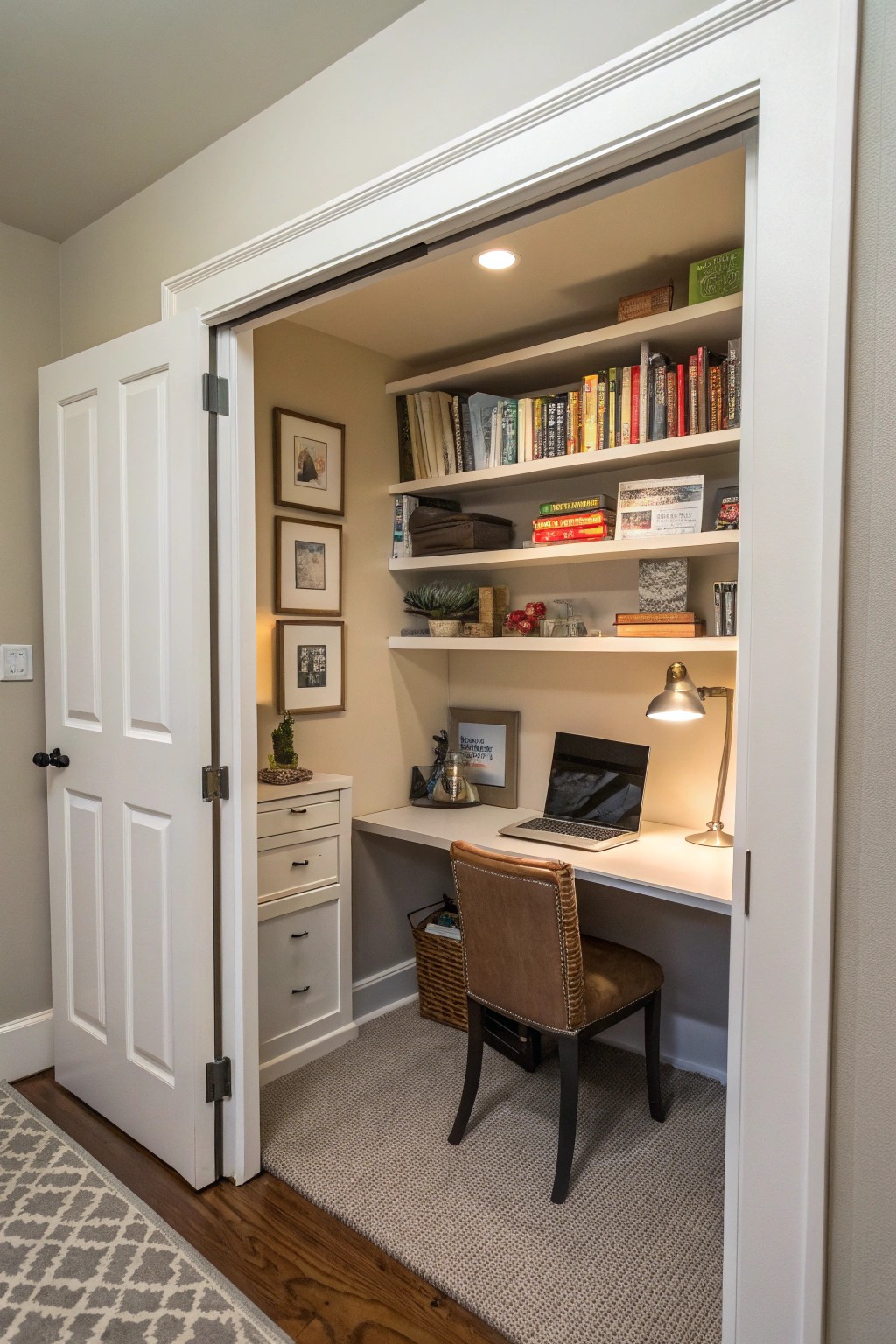 A closet-office keeps work gear out of sight for a restful guest experience.
