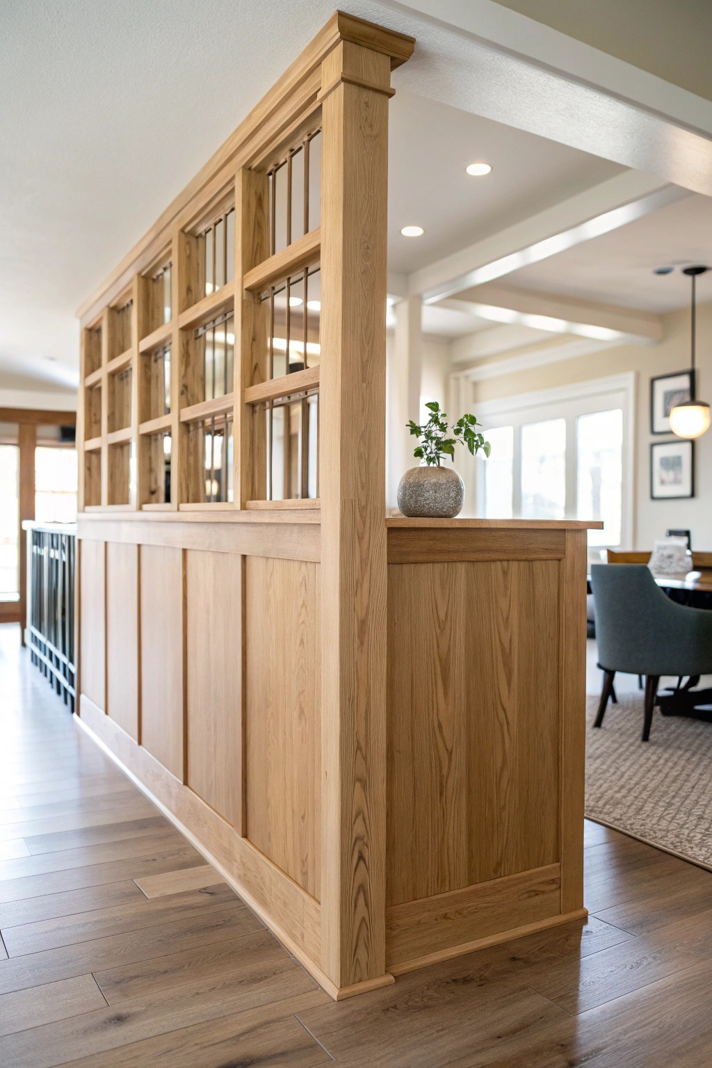 Elegant half-wall divider: the art of subtle separation in open spaces.