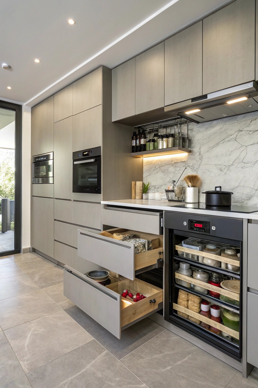 Sleek hidden storage keeps this open kitchen effortlessly tidy and functional.