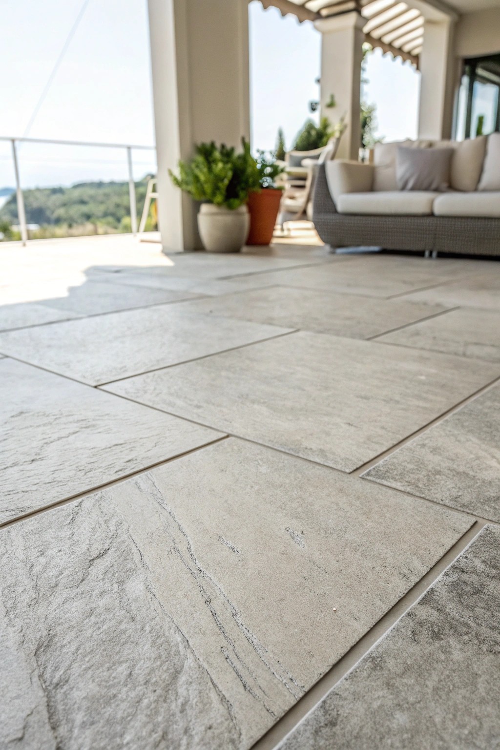 Seamless indoor-outdoor flow with elegant matte porcelain tiles.