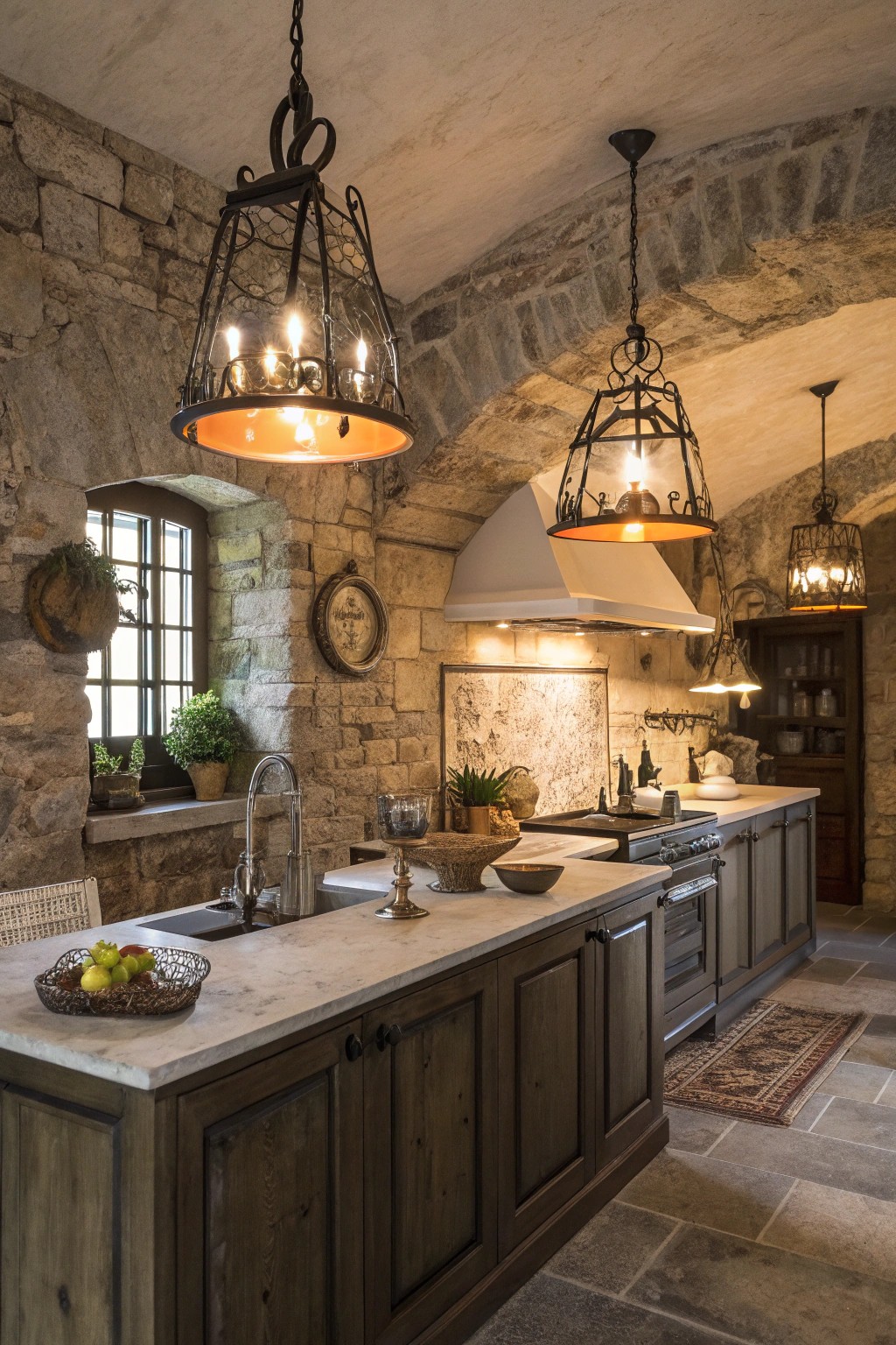 Layered lighting brings out the textures and warmth of rustic design.