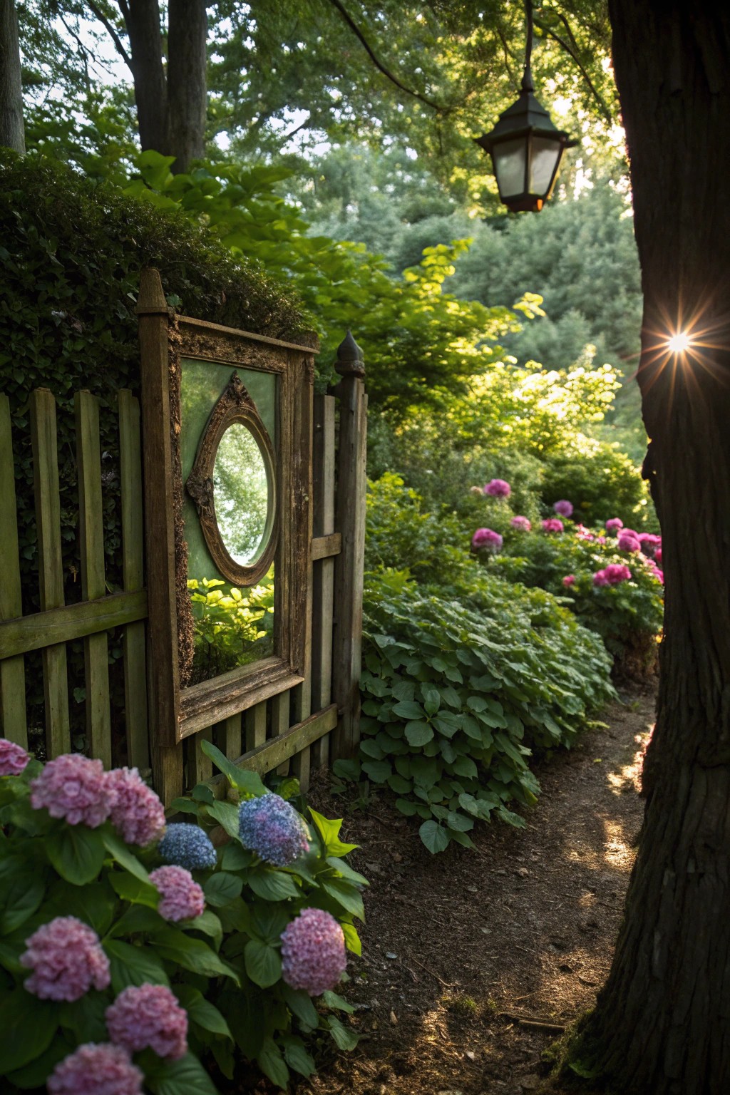 A garden mirror reflects light, making a shady spot feel brighter and bigger.