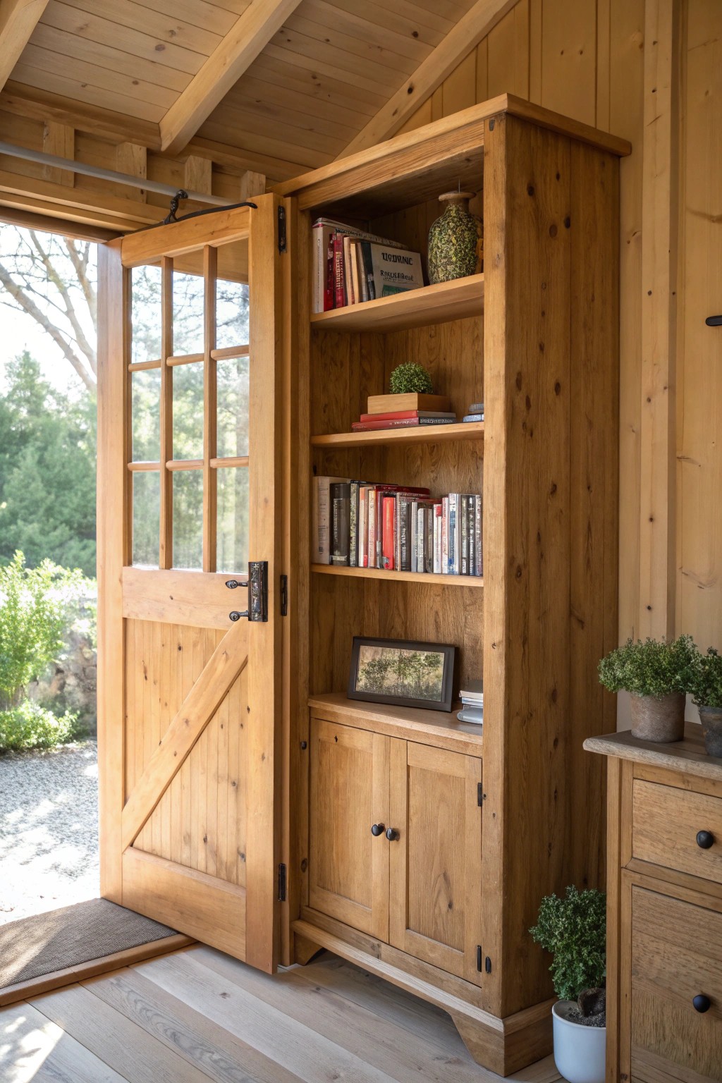 A secret bookcase door—where craftsmanship meets playful mystery.