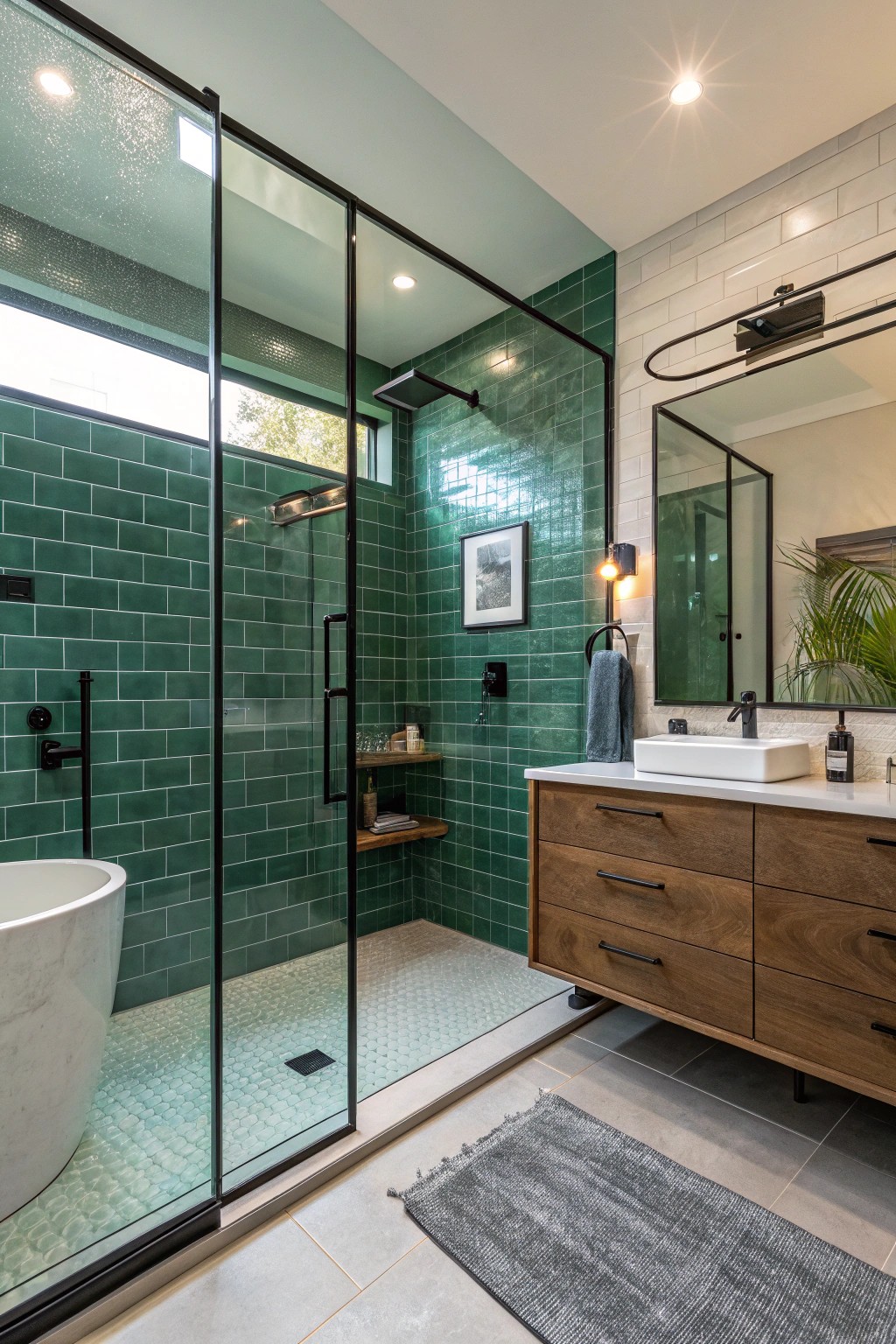 Jewel-toned tiles instantly turn your shower into a dazzling focal point.