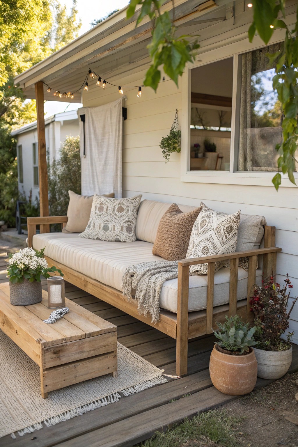 Create a cozy outdoor living room with a handcrafted wooden sofa and soft, inviting cushions.