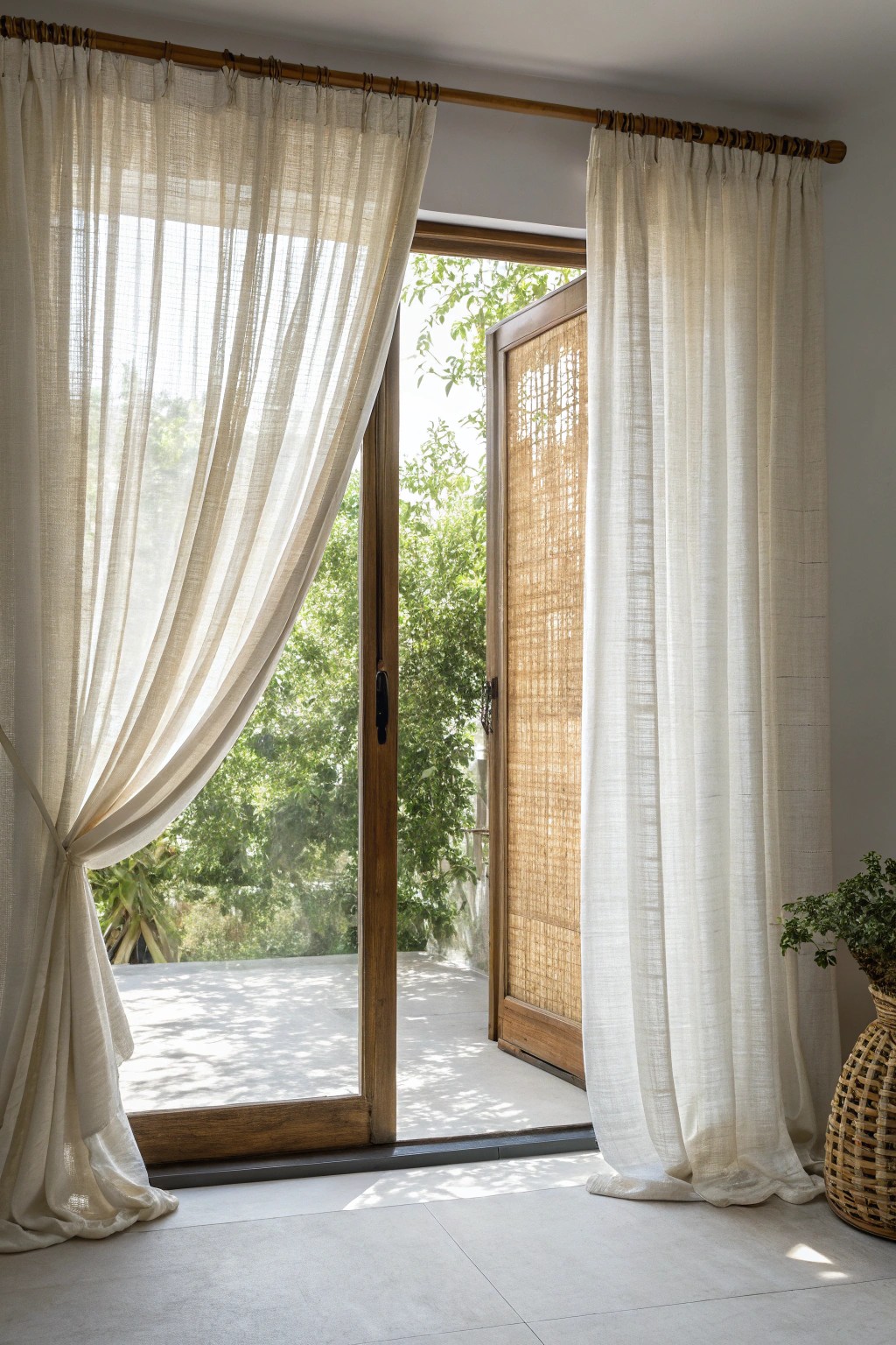 Elevate your patio door with natural woven shades and breezy linen drapes for effortless, sunlit charm.