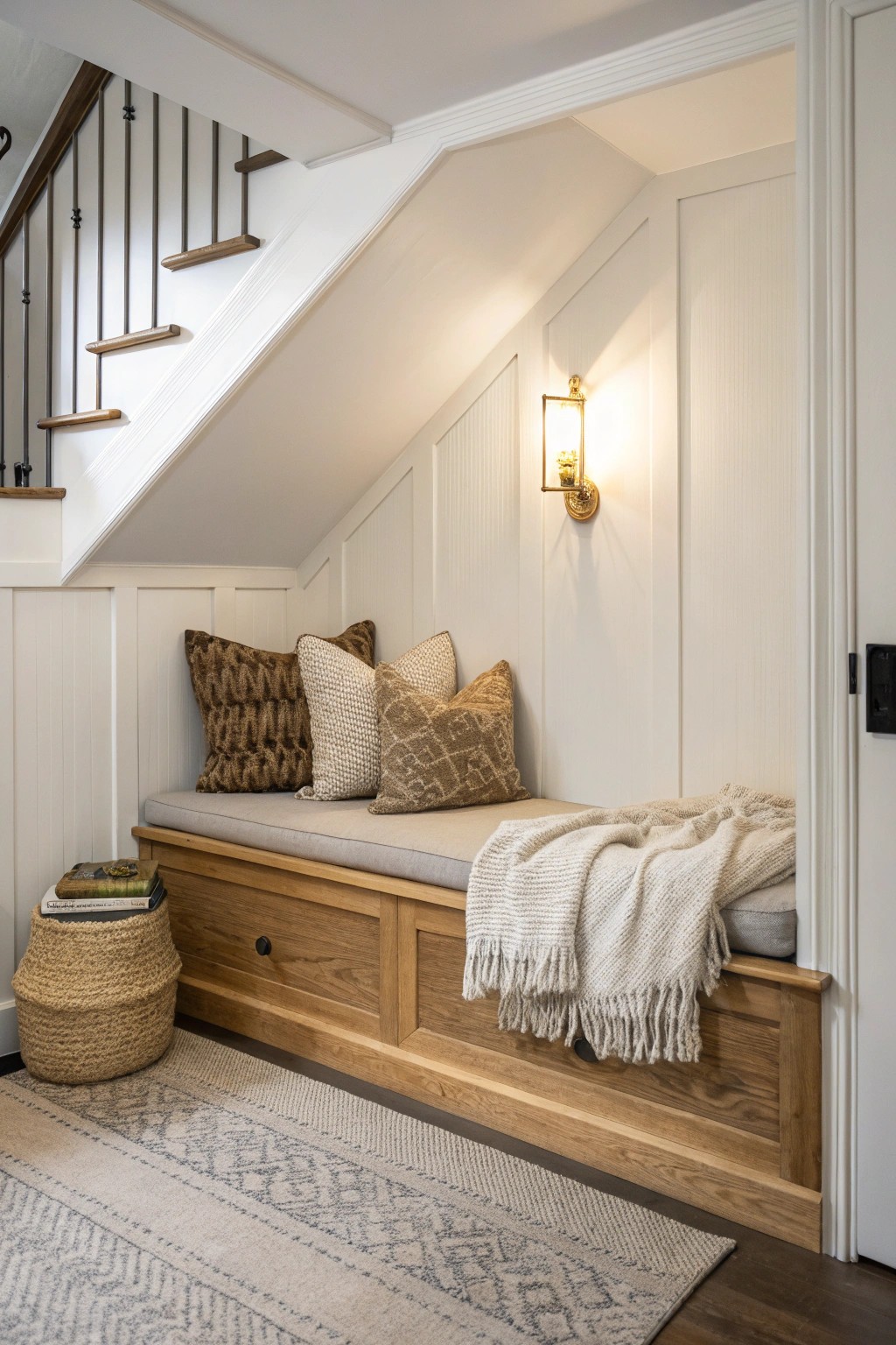 Transform a basement alcove into a serene reading nook with natural textures and timeless simplicity.