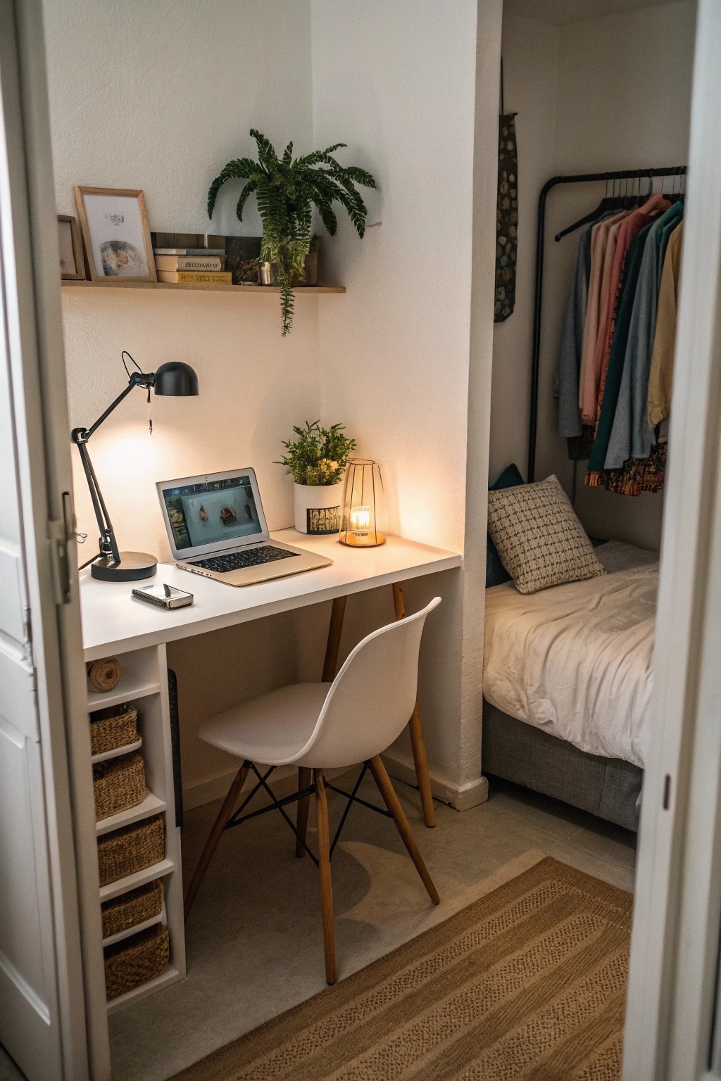 A corner workspace maximizes function in a small bedroom without clutter.