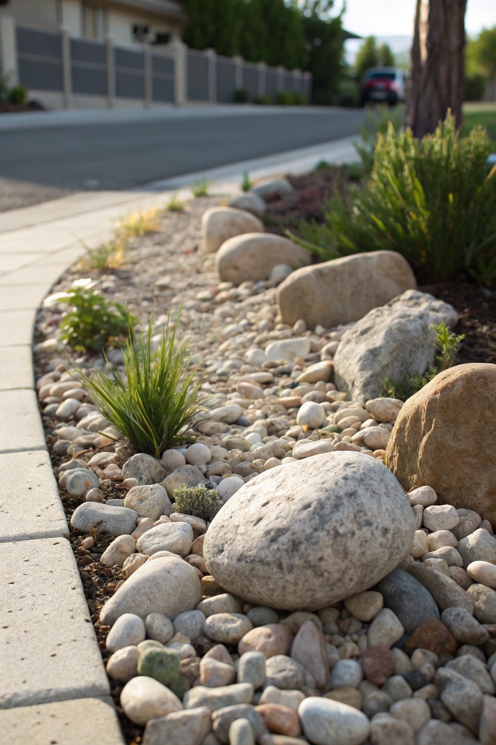 Transform your curbside with a serene pebbled park strip—effortless beauty, every day.