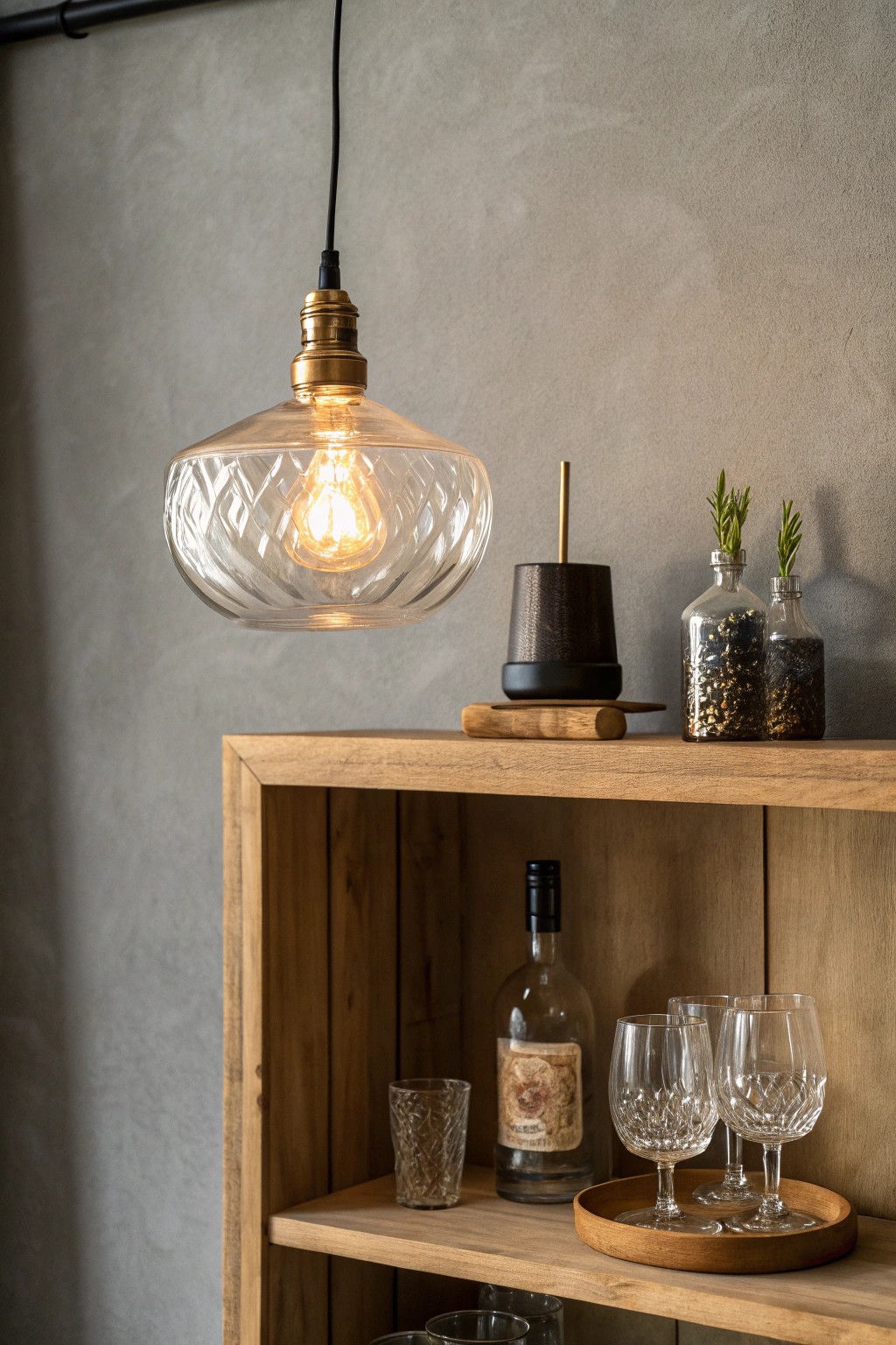 Set the mood with a single, beautifully crafted pendant light—perfect ambience for your small home bar.