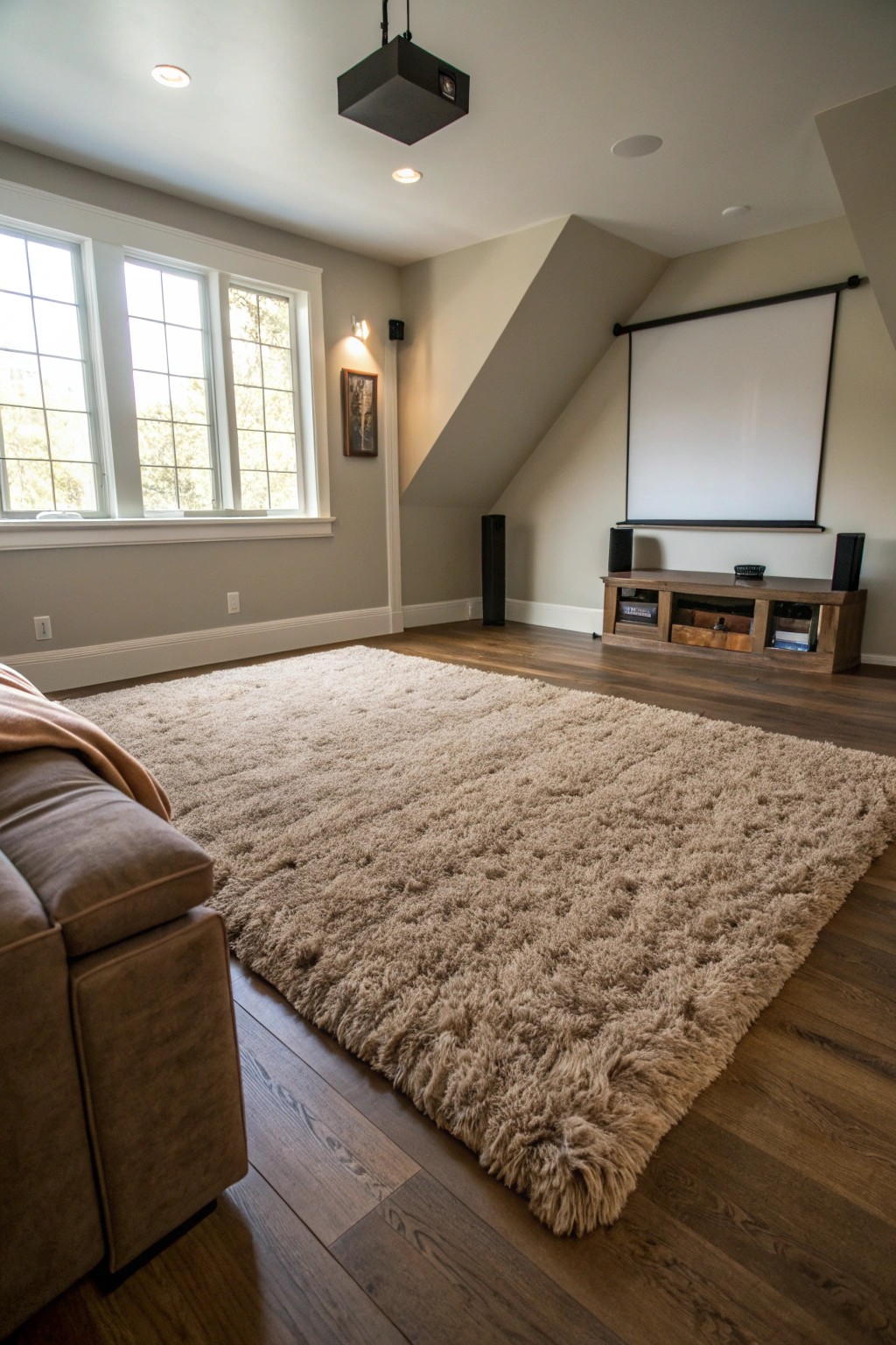 Sink into cozy luxury—plush rugs bring warmth and perfect acoustics to your home theater hideaway.