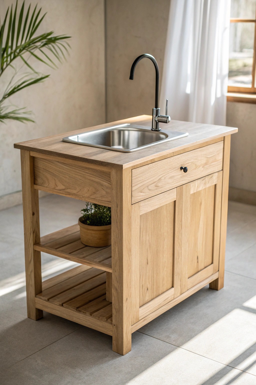 Effortless function: a petite kitchen island with a built-in sink, perfect for streamlined small-space living.