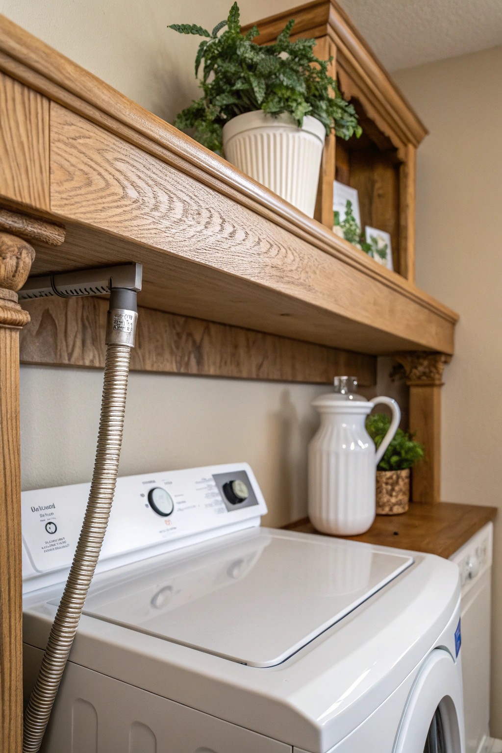Elevate your laundry space with a crafted decorative shelf—practical beauty for small rooms.