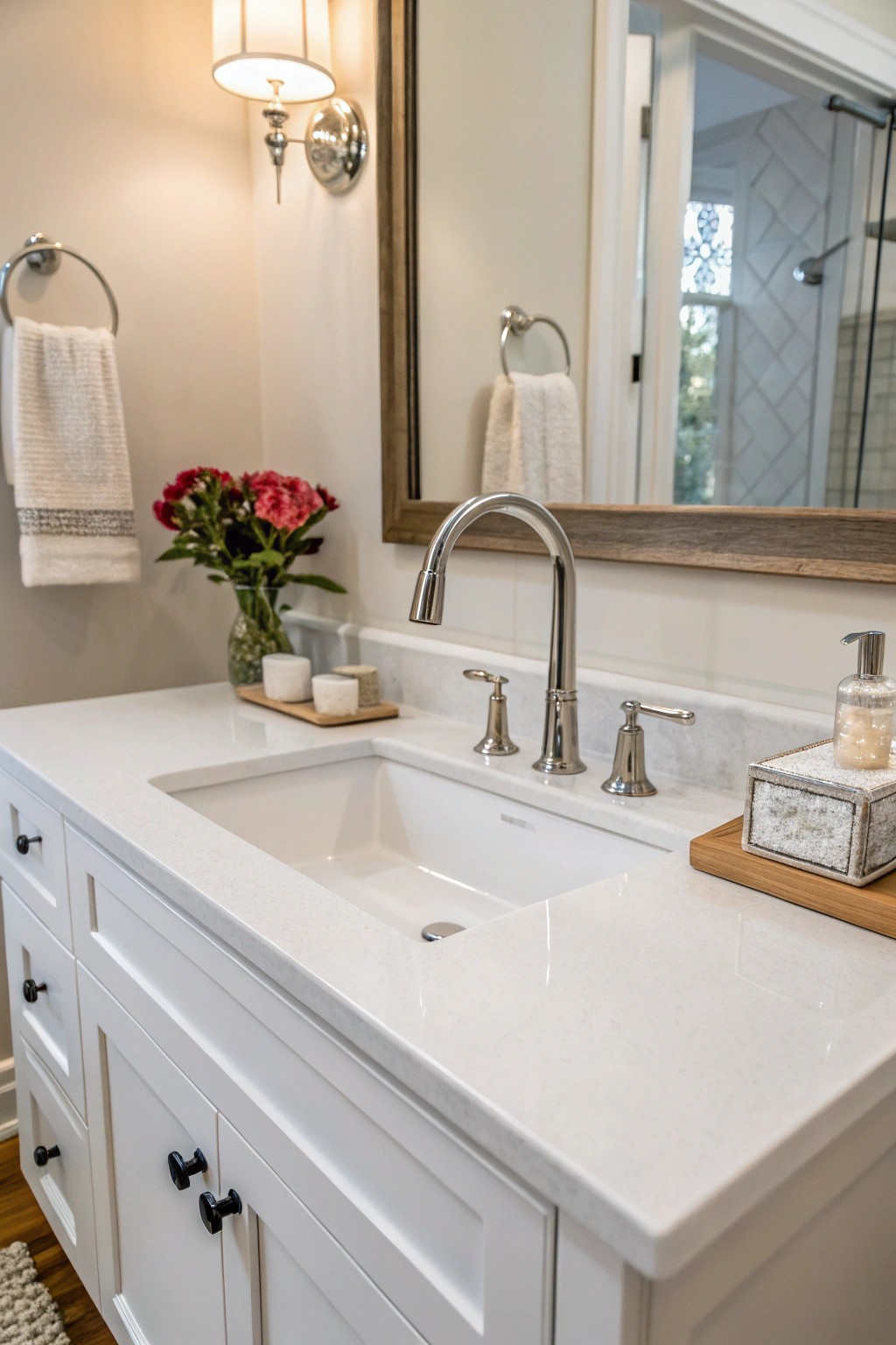 Minimalist fixtures maintain a crisp, uncluttered atmosphere.