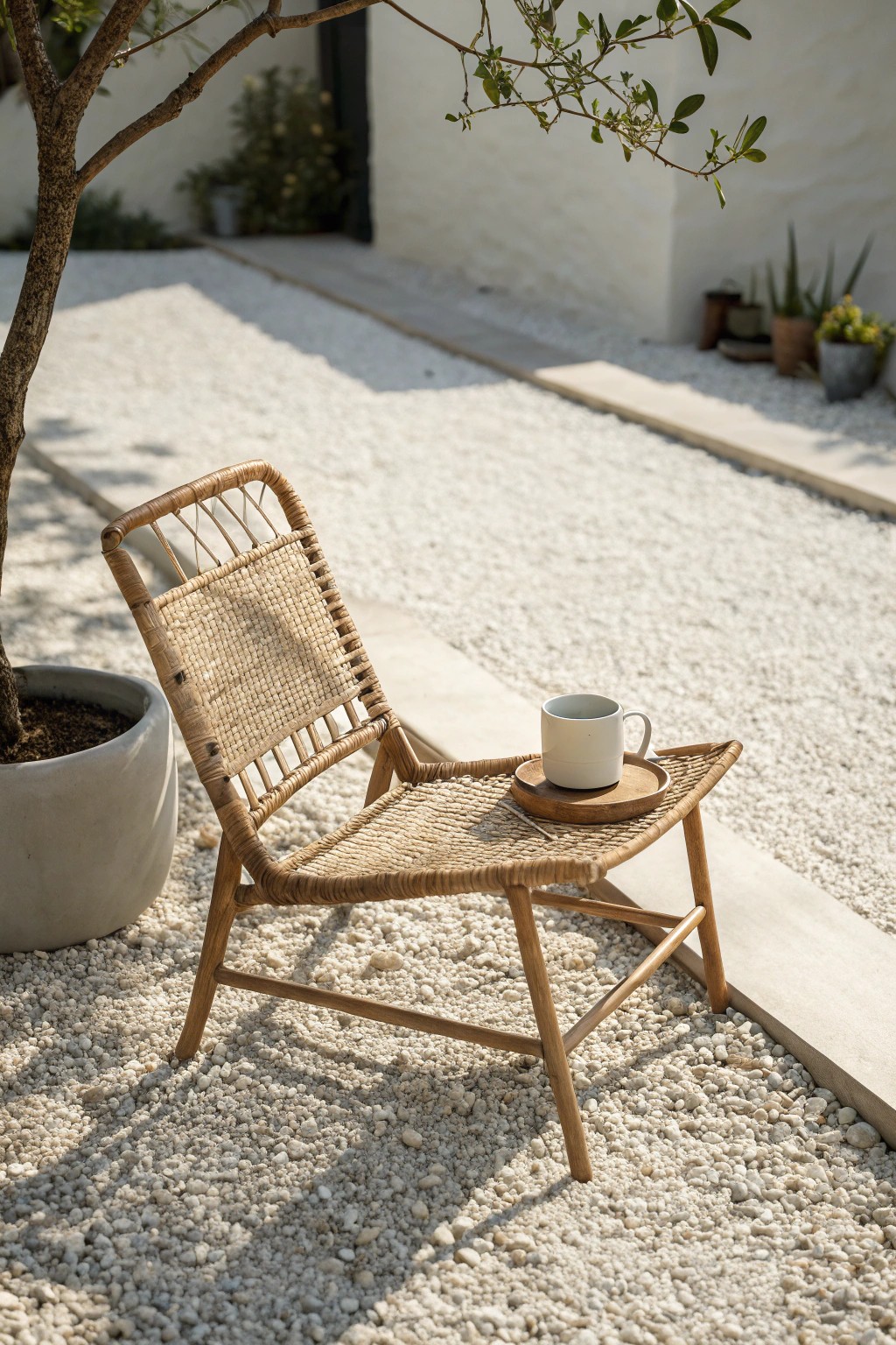 Effortless charm: A cozy patio chair on budget-friendly gravel flooring.
