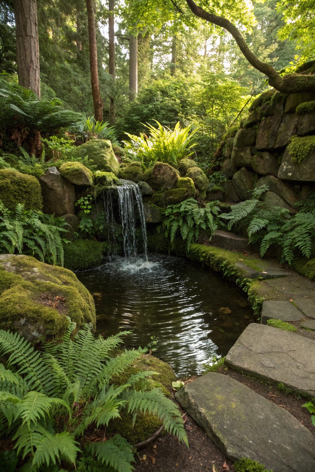 A secret grotto-style waterfall, half-hidden by lush ferns and stones.