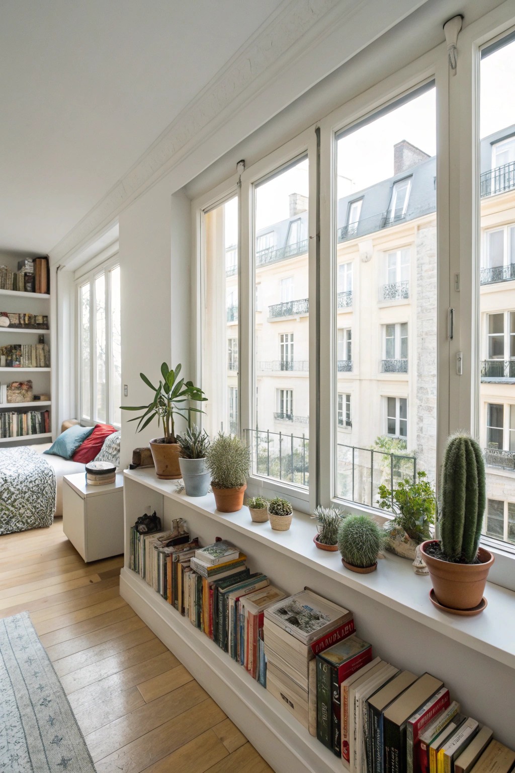 Windowsills pull double duty as display shelves in a small studio.