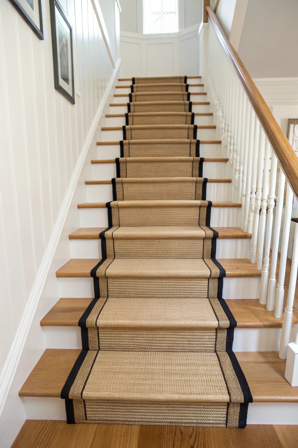 Classic beauty: a bordered stair runner frames every step with timeless elegance.