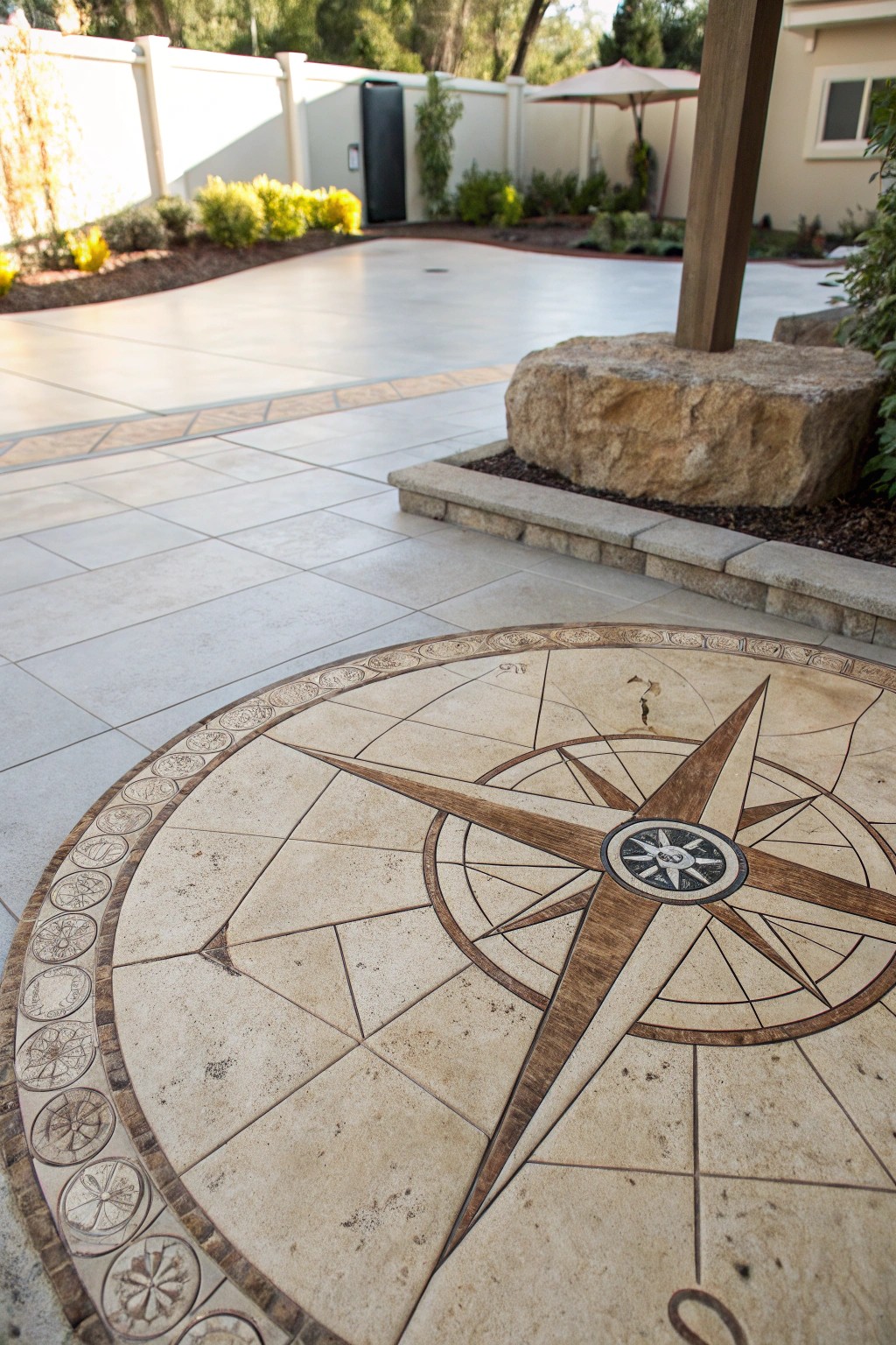 Elevate your patio with a stunning compass inlay—where art meets craftsmanship.
