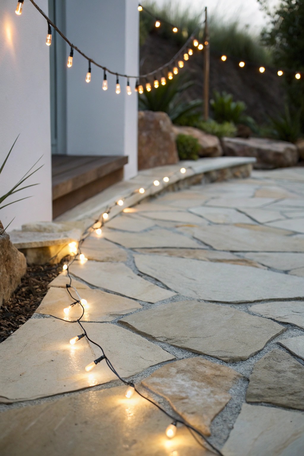 Stone patio charm: soft string lights bring warmth to timeless natural beauty.