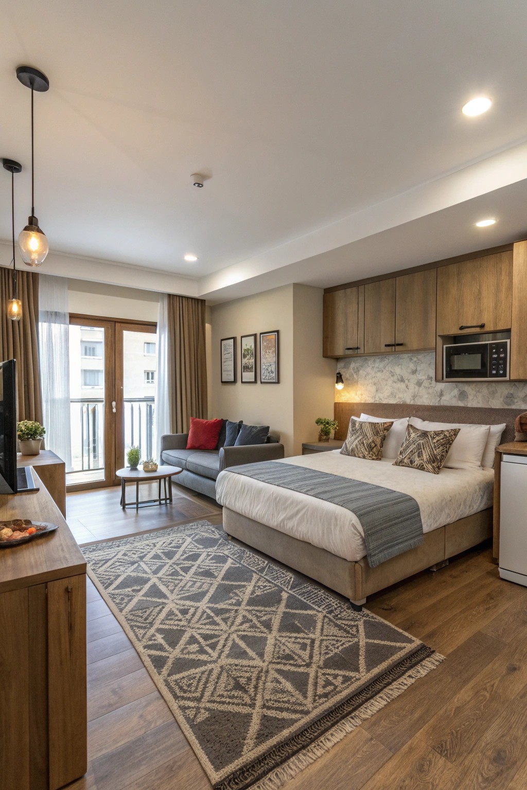 Floating furniture mid-room defines areas without closing them off.