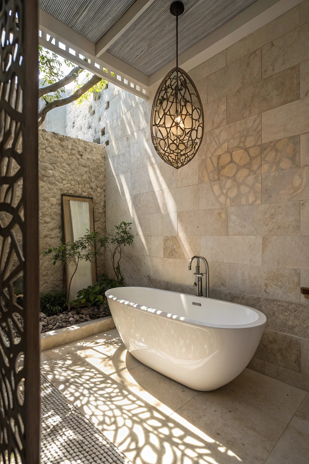 Sculptural lighting transforms bath time into a luminous ritual.