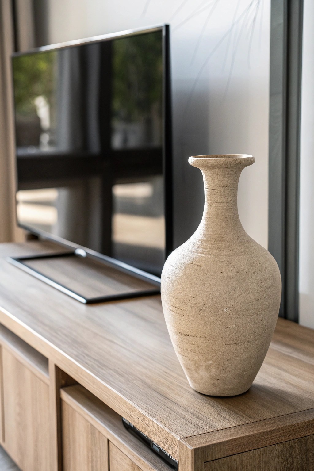 Elevate your TV stand with a single sculptural vase—minimalist beauty at its finest.
