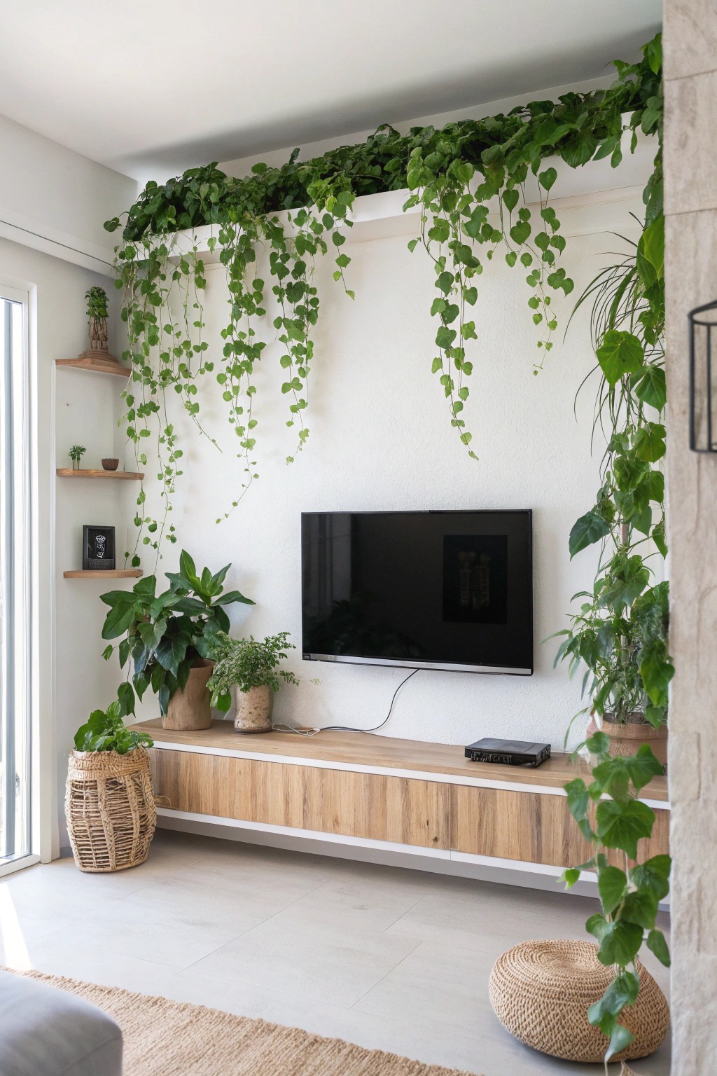 Elevate your TV wall with a touch of greenery and effortless style.
