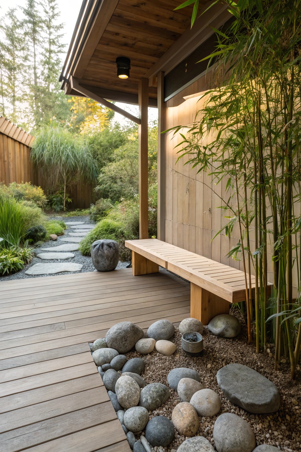 A Zen-inspired meditation corner under the deck provides sanctuary for mindful moments.