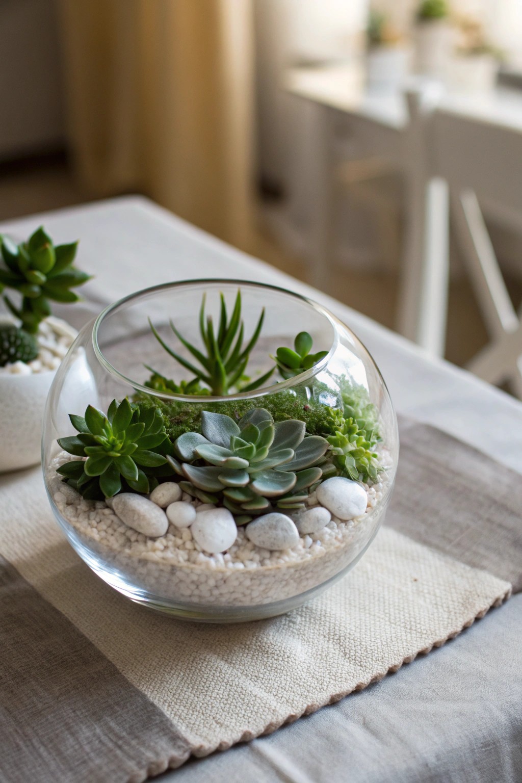 Chic wedding centerpiece: a handcrafted mini succulent terrarium, perfect for eco-friendly elegance.