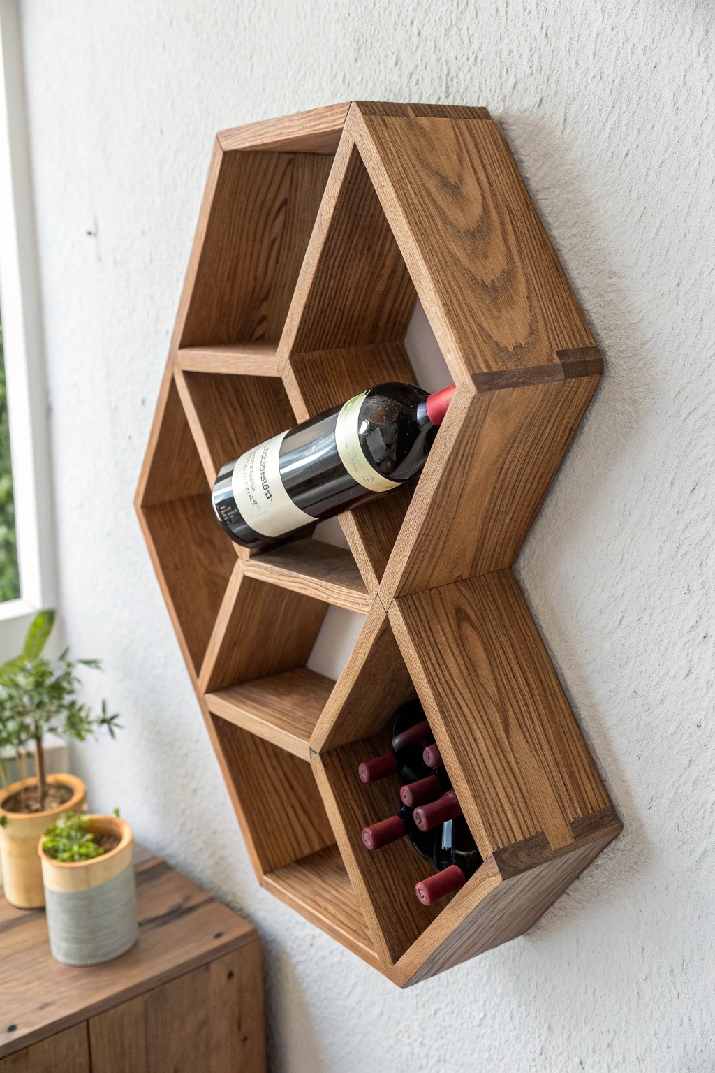 Modern geometric wine shelf: simple, stunning, and the centerpiece of any wine cellar.