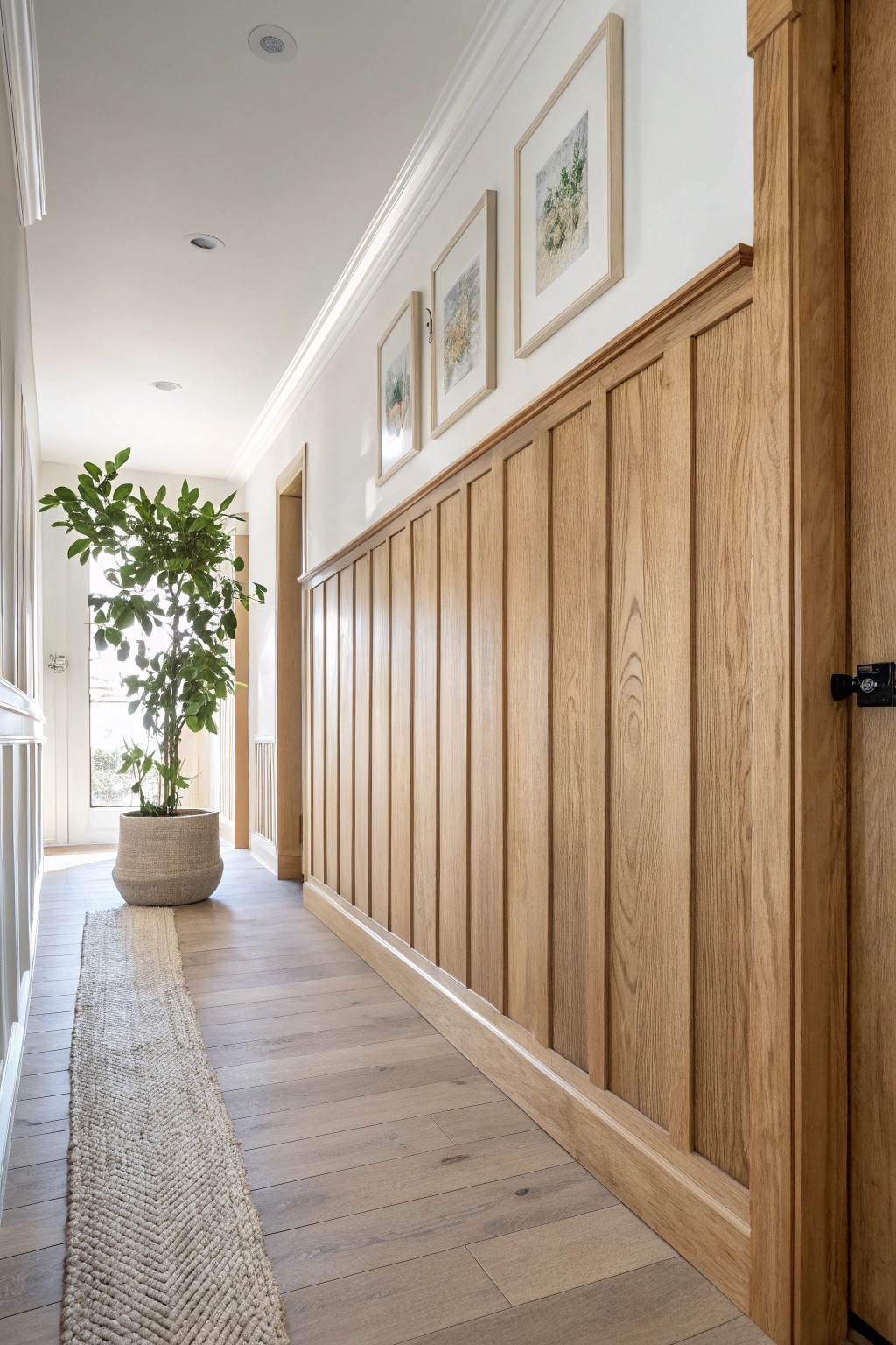 Timeless simplicity: a natural wood board and batten half wall for understated charm.