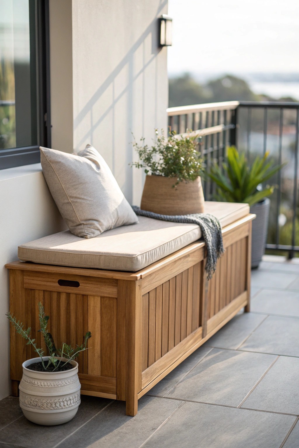 Chic storage bench: style meets smart patio living.