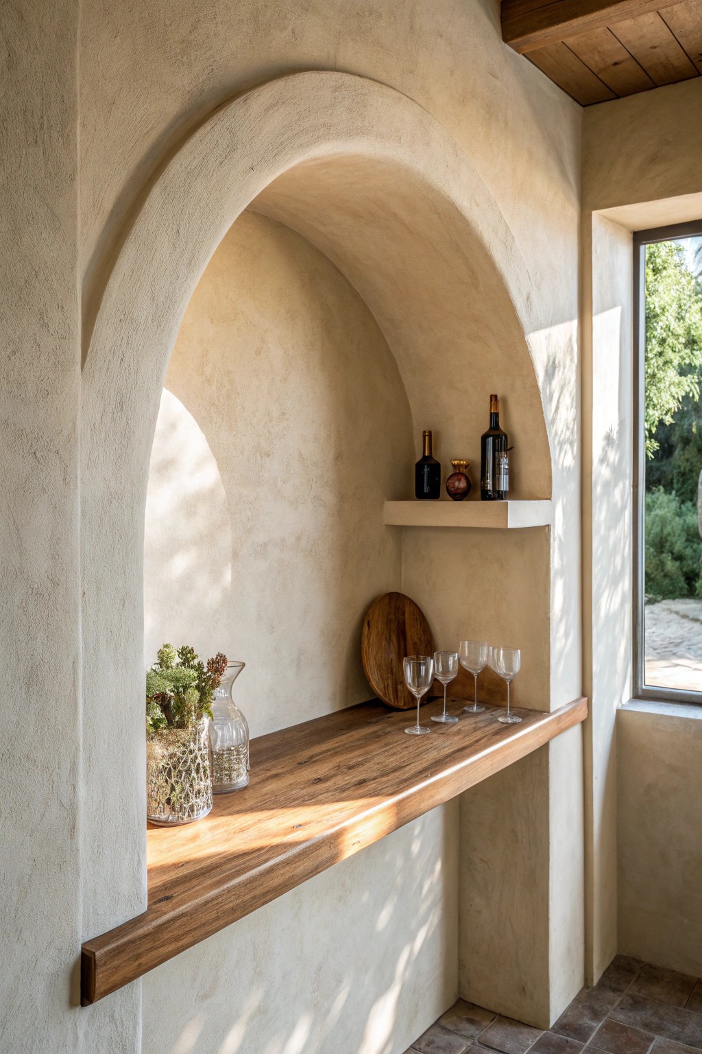 Elevate your space with the natural beauty of an arched niche bar alcove.