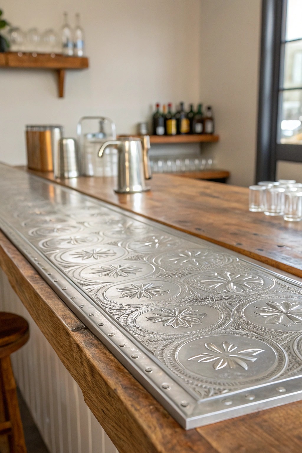 Vintage tin bar top: effortless charm meets timeless craftsmanship.