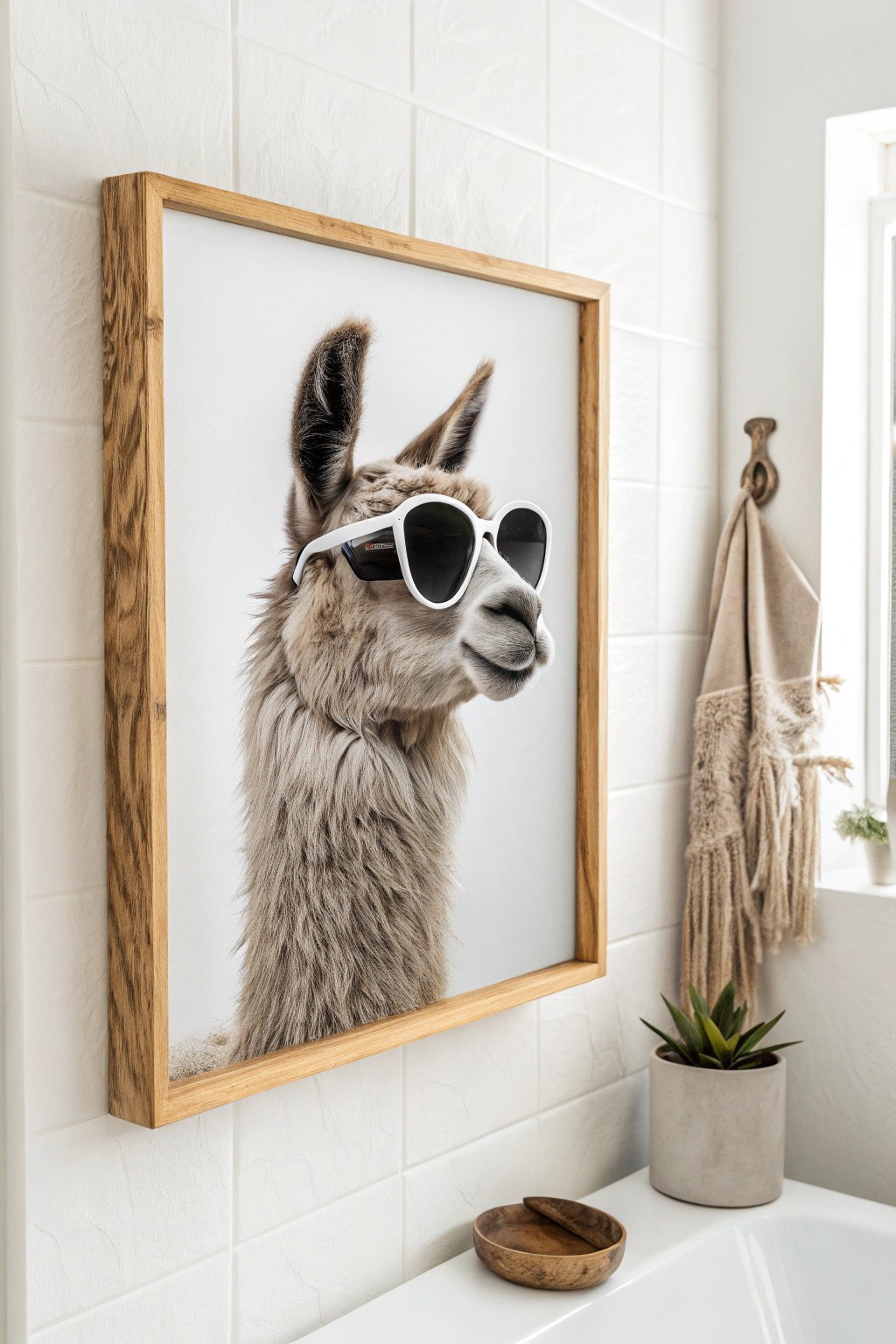 Add a touch of playful charm to your bathroom with minimalist llama art.