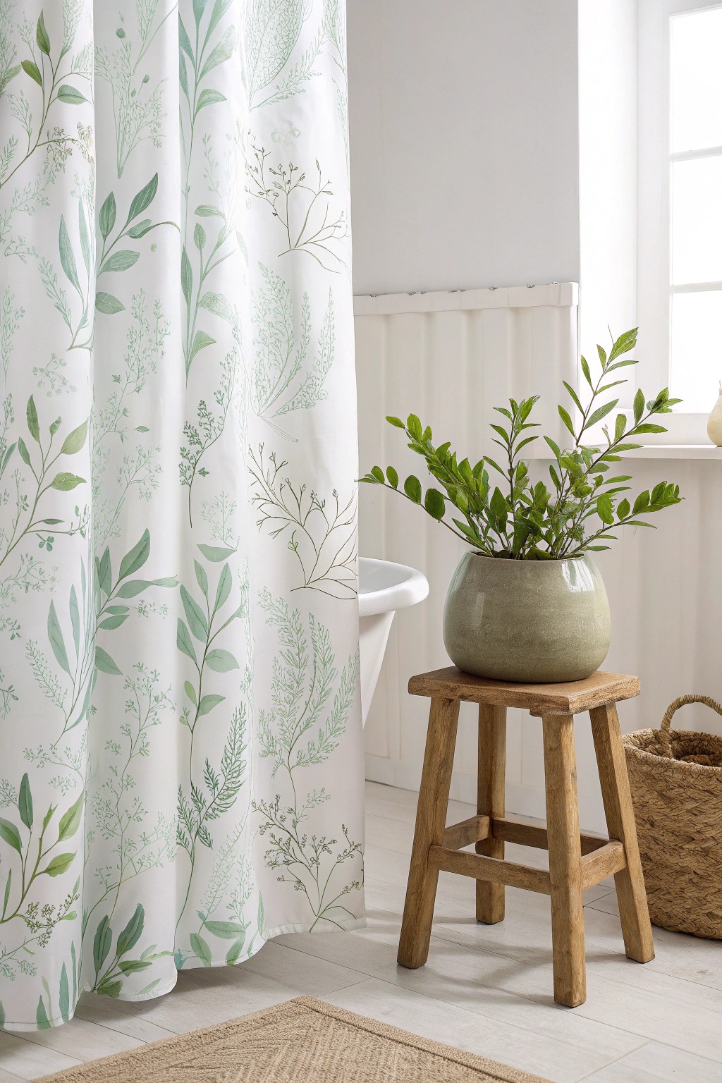 Bring nature into your bathroom with leafy patterns and real greenery.