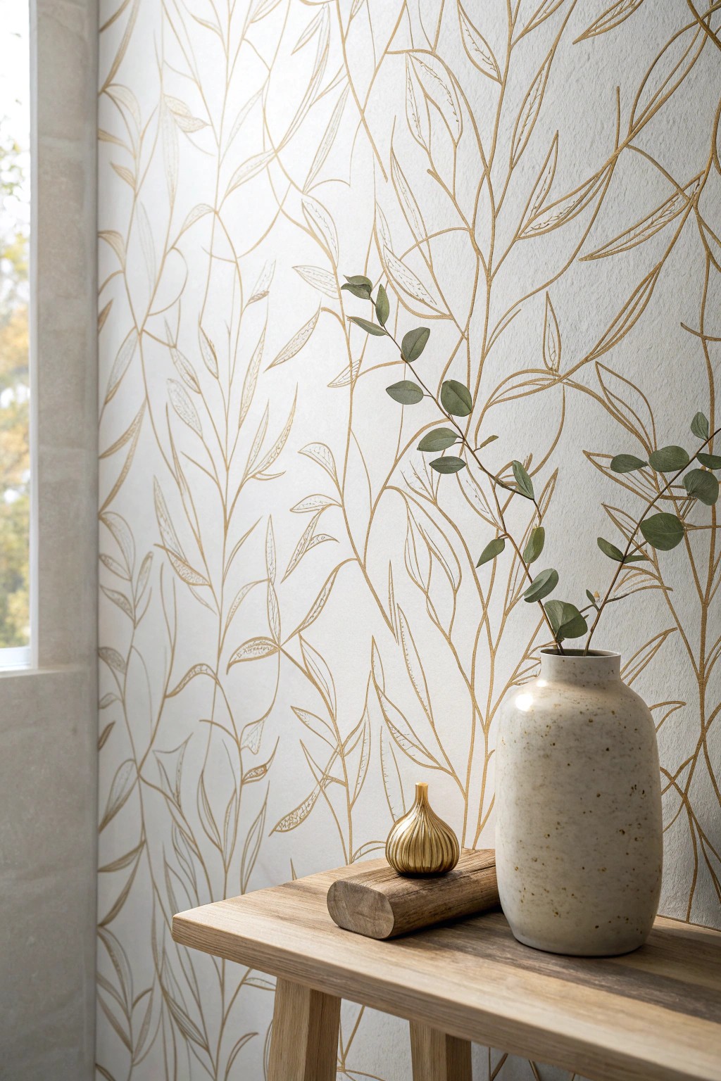 Embrace understated luxury with delicate metallic wallpaper accents for a luminous, handcrafted bathroom look.