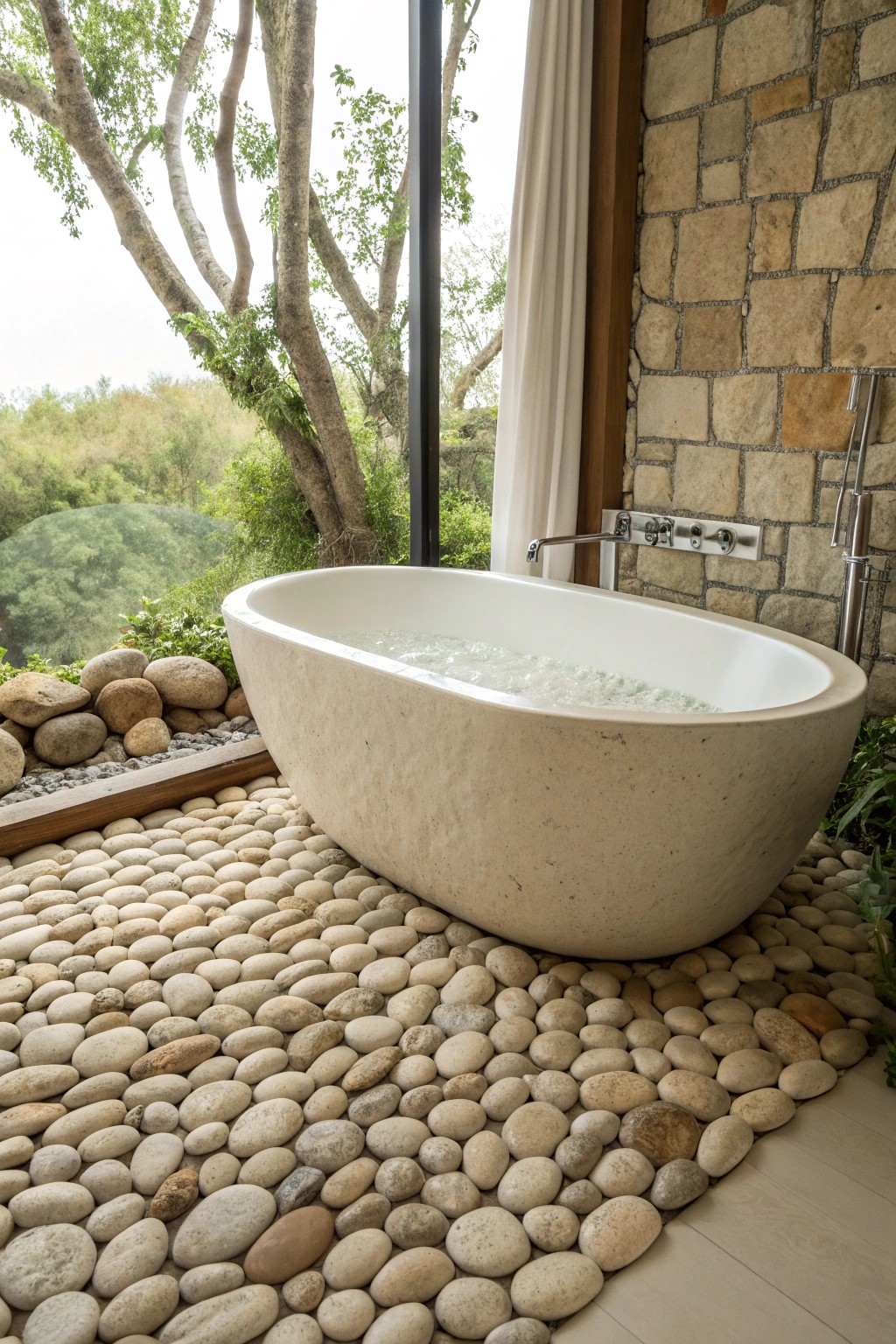 Transform your bath into a tranquil retreat with artisanal pebble tiles.